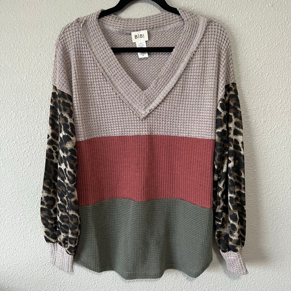 Leopard Animal Print Balloon Sleeve Waffle Knit Color Blocking Fall Blouse